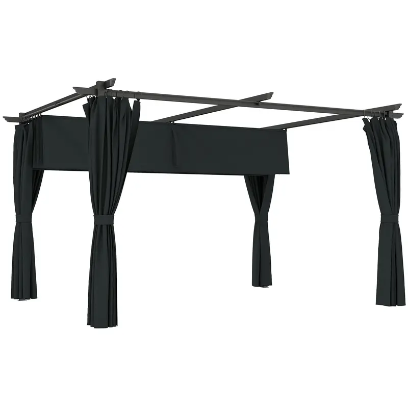 10' X 13' Retractable Pergola All Weather Resistant With Upf30+ Canopy & Privacy Curtains, Dark Grey 1
