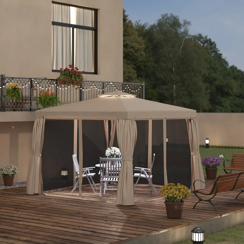 10' X 13' Soft-Top Gazebo With Polyester Curtains & Mesh Screens, Khaki 1