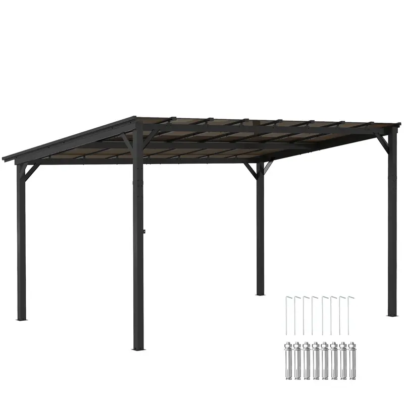 10' X 14' Wall-Mounted / Free Standing Outdoor Pergola With Polycarbonate Roof, Dark Grey 1