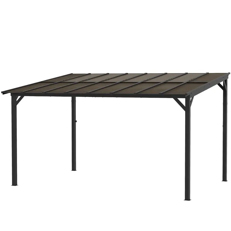 10' X 14' Wall-Mounted / Free Standing Outdoor Pergola With Polycarbonate Roof, Dark Grey 2