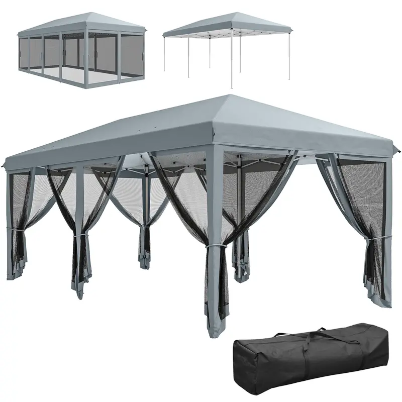 10' X 20' Pop Up Canopy Tent With Mesh Sidewall Netting, Grey 1