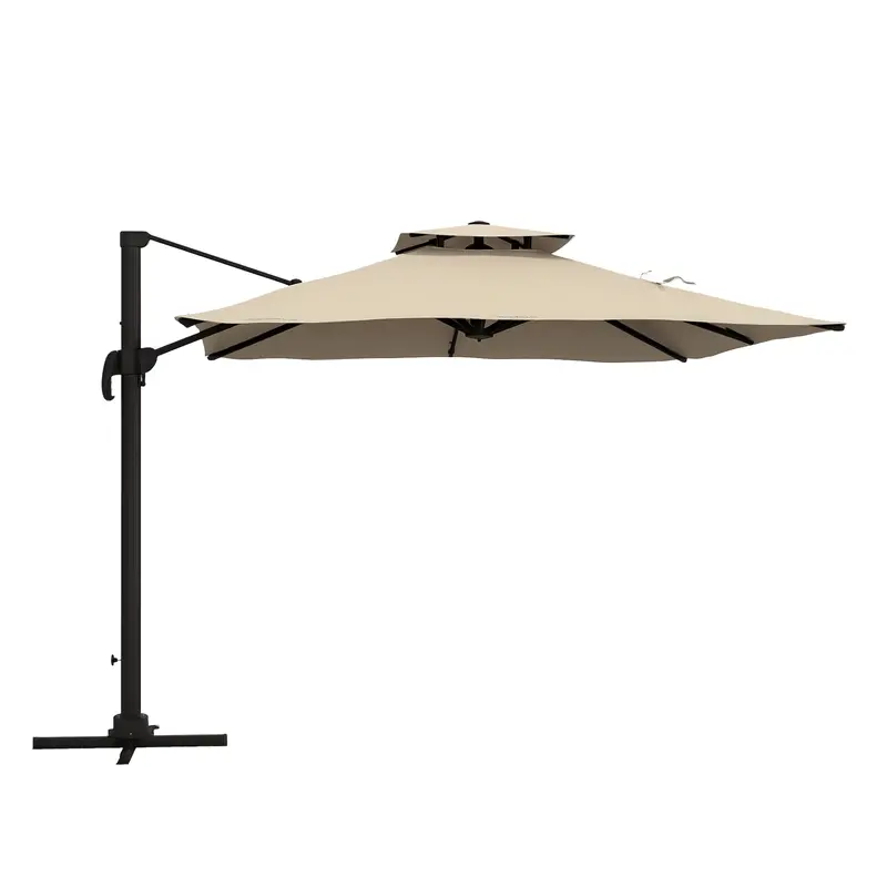 10Ft Square Cantilever Patio Umbrella With 360° Rotation And Double Canopy, Khaki 1