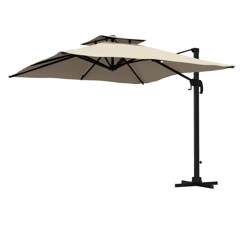 10Ft Square Cantilever Patio Umbrella With 360° Rotation And Double Canopy, Khaki 2