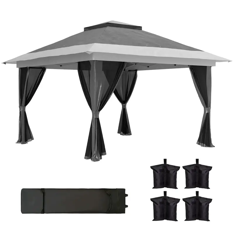 11.7' X 11.7' Pop-Up Canopy With Netting, Upf50+ Shelter With Wheeled Carry Bag And Sand Bags 1