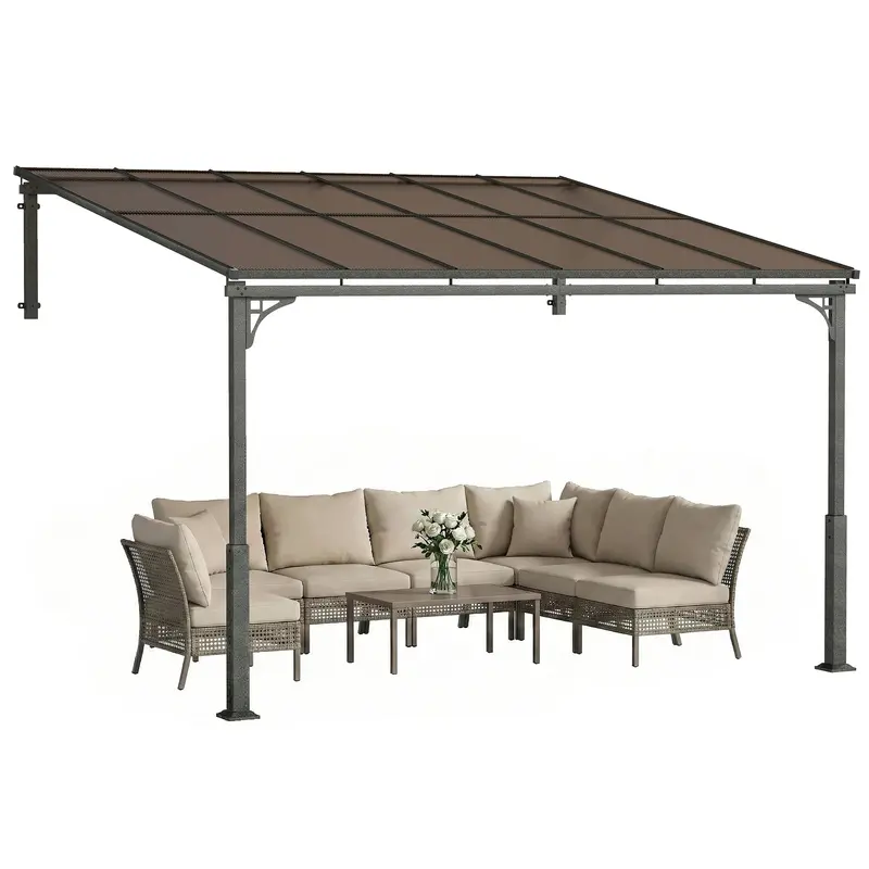 11' X 10' Wall Mounted Lean-To Pergola With Polycarbonate Roof, Brown 1