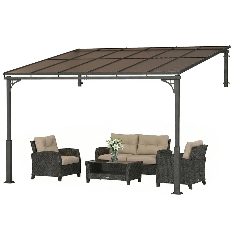 11' X 10' Wall Mounted Lean-To Pergola With Polycarbonate Roof, Brown 2