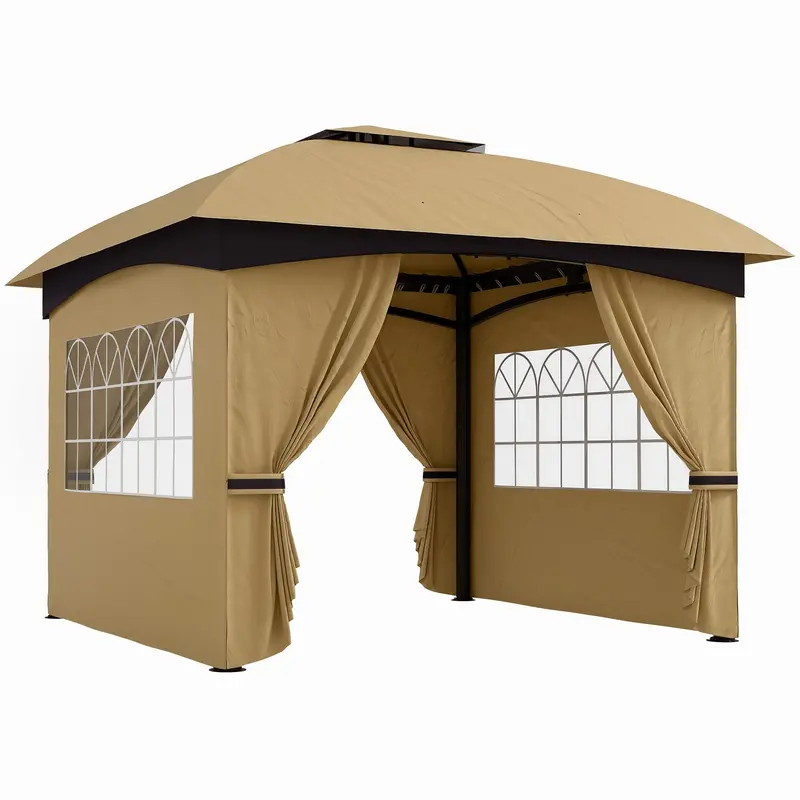 11' X 11' Double Roof Gazebo With Church Windows & Steel Frame, Beige 1