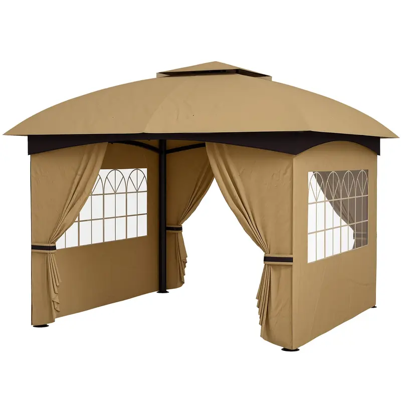 11' X 11' Double Roof Gazebo With Church Windows & Steel Frame, Beige 2