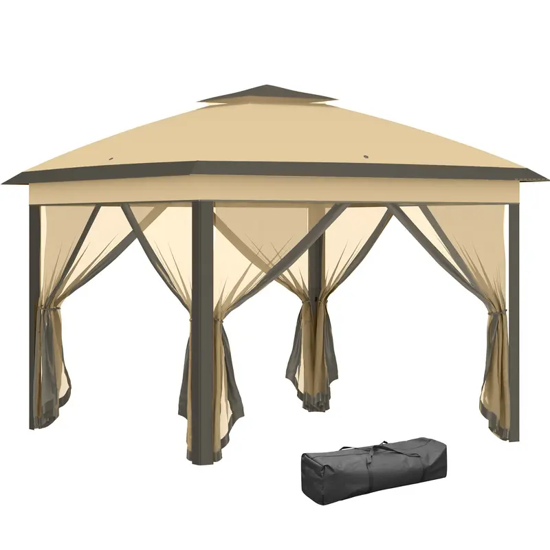 11' X 11' Pop Up Canopy With Double Roof And Mesh Sidewalls, Beige 1