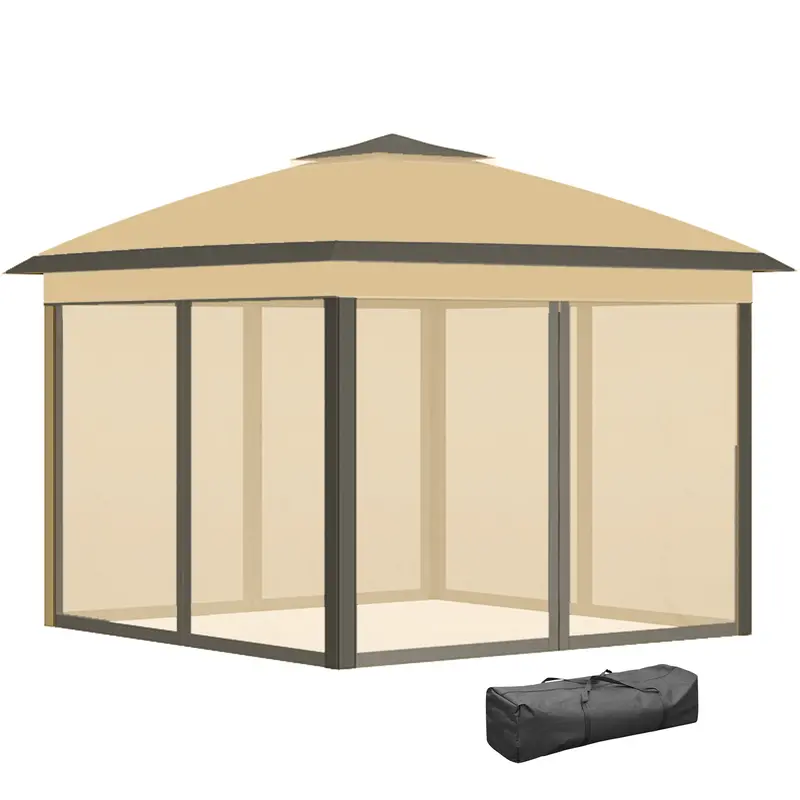 11' X 11' Pop Up Canopy With Double Roof And Mesh Sidewalls, Beige 2