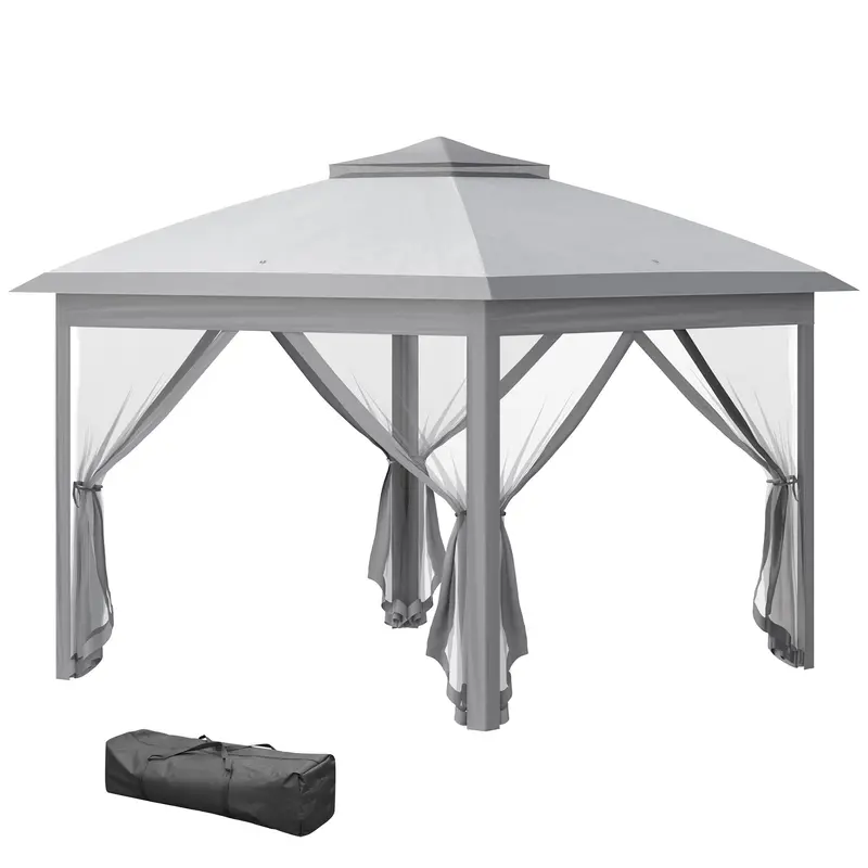 11' X 11' Pop Up Canopy With Double Roof And Mesh Sidewalls, Light Grey 1