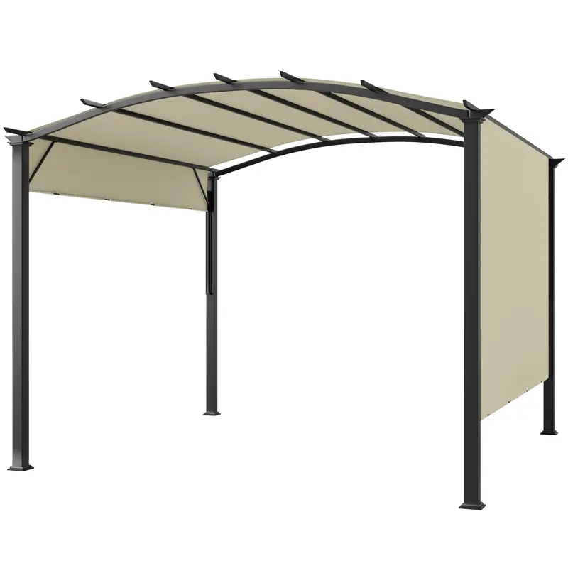 11' X 11' Retractable Pergola Canopy With Arched Metal Frame, Beige 2