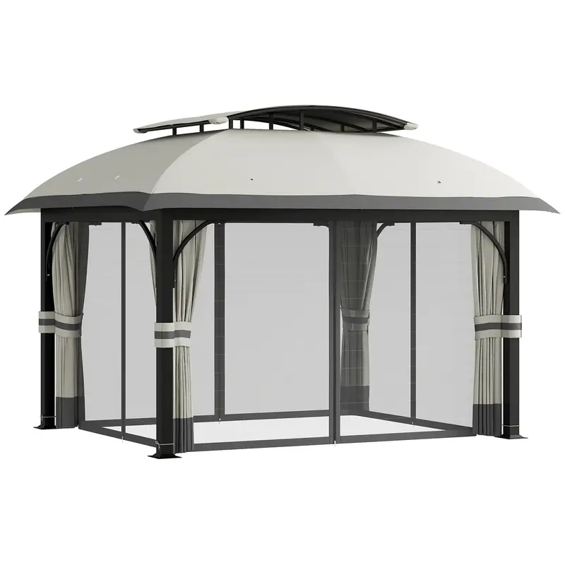 11' X 13' Double Roof Gazebo With Netting & Galvanized Frame, Light Grey 1
