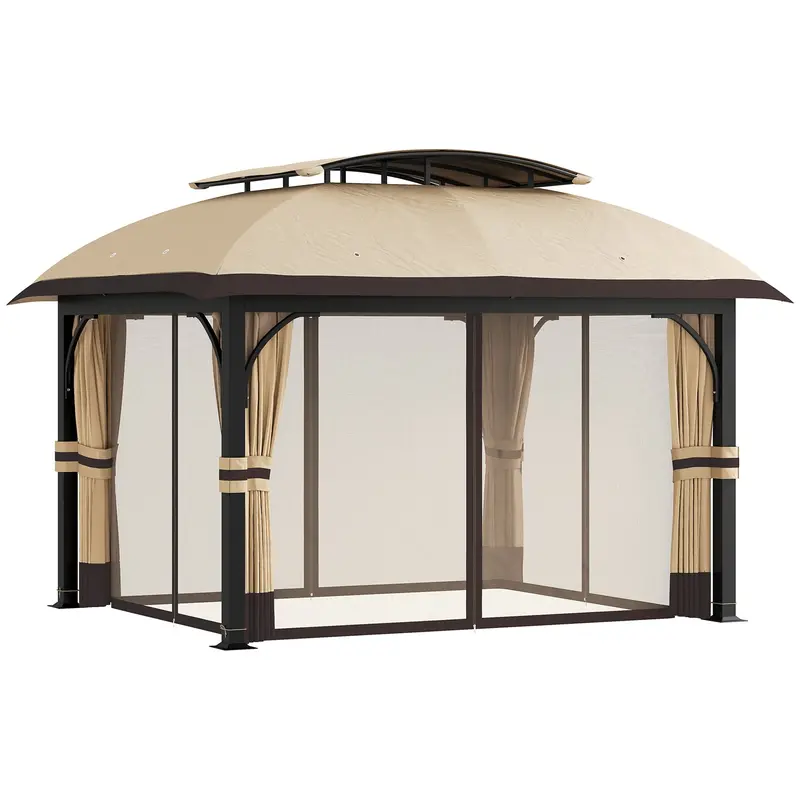 11' X 13' Weatherproof Gazebo With Netting & Curtains, Khaki 1