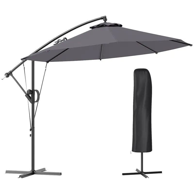 118.1" Offset Patio Umbrella With Cover, Tilt And Wind Strap, Grey 1