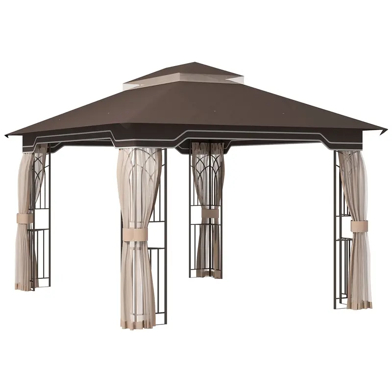 12' X 10' Patio Gazebo With Double Tier Roof And Netting Sidewalls, Brown 1