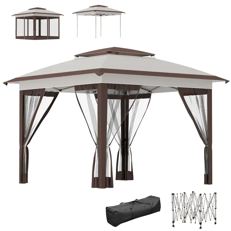 12' X 12' Pop Up Canopy With Mesh Sidewalls, Beige/Dark Brown 1