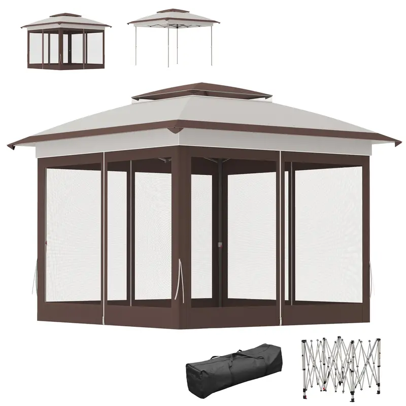 12' X 12' Pop Up Canopy With Mesh Sidewalls, Beige/Dark Brown 2