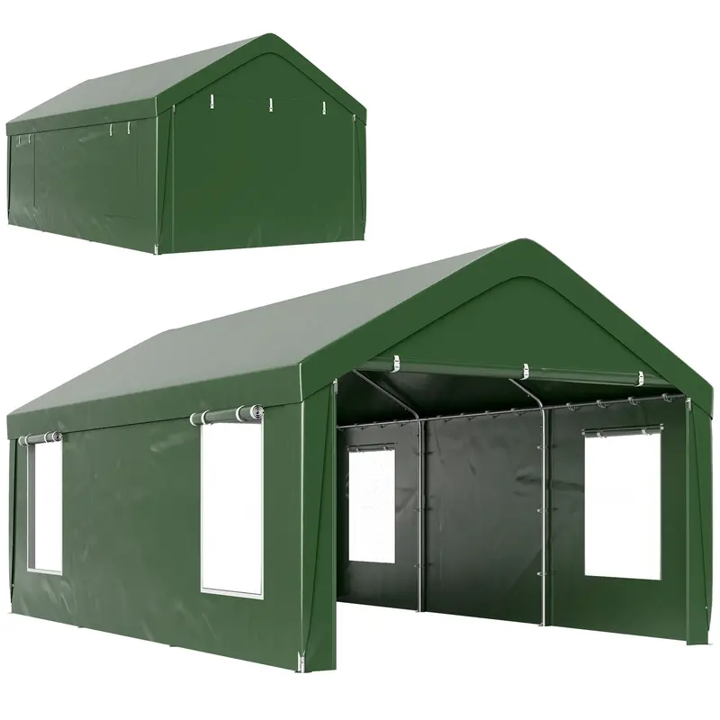 12' X 20' Portable Garage With 2 Roll-Up Doors, 4 Windows, Dark Green 1