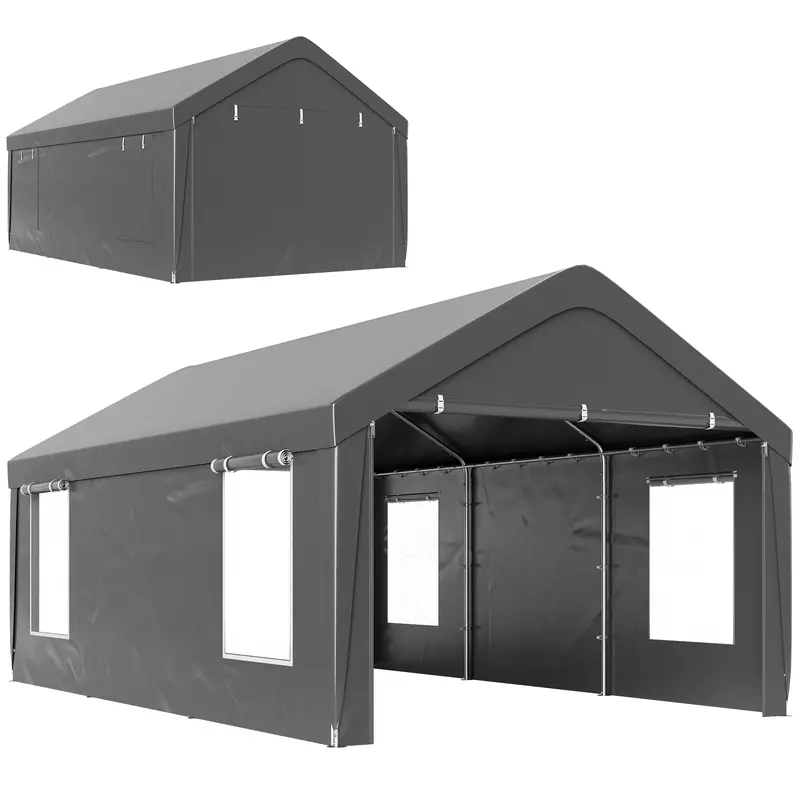 12' X 20' Portable Garage With 2 Roll-Up Doors, 4 Windows, Dark Grey 1