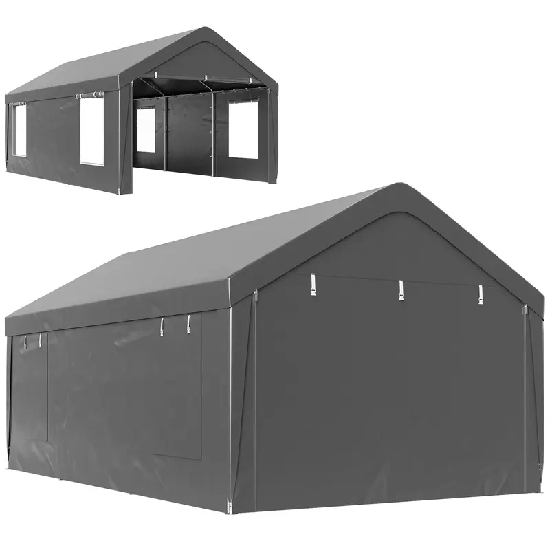 12' X 20' Portable Garage With 2 Roll-Up Doors, 4 Windows, Dark Grey 2