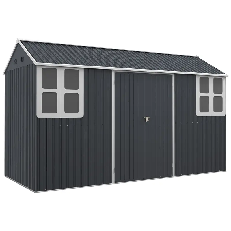 12' X 5.5' Metal Garden Storage Shed With Lockable Door & Window, Dark Grey 1