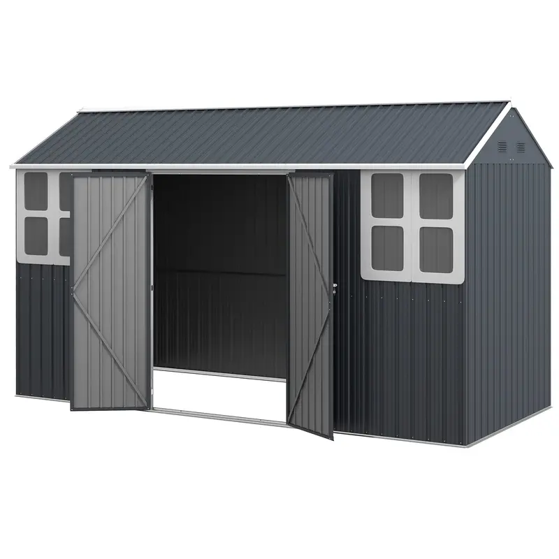 12' X 5.5' Metal Garden Storage Shed With Lockable Door & Window, Dark Grey 2