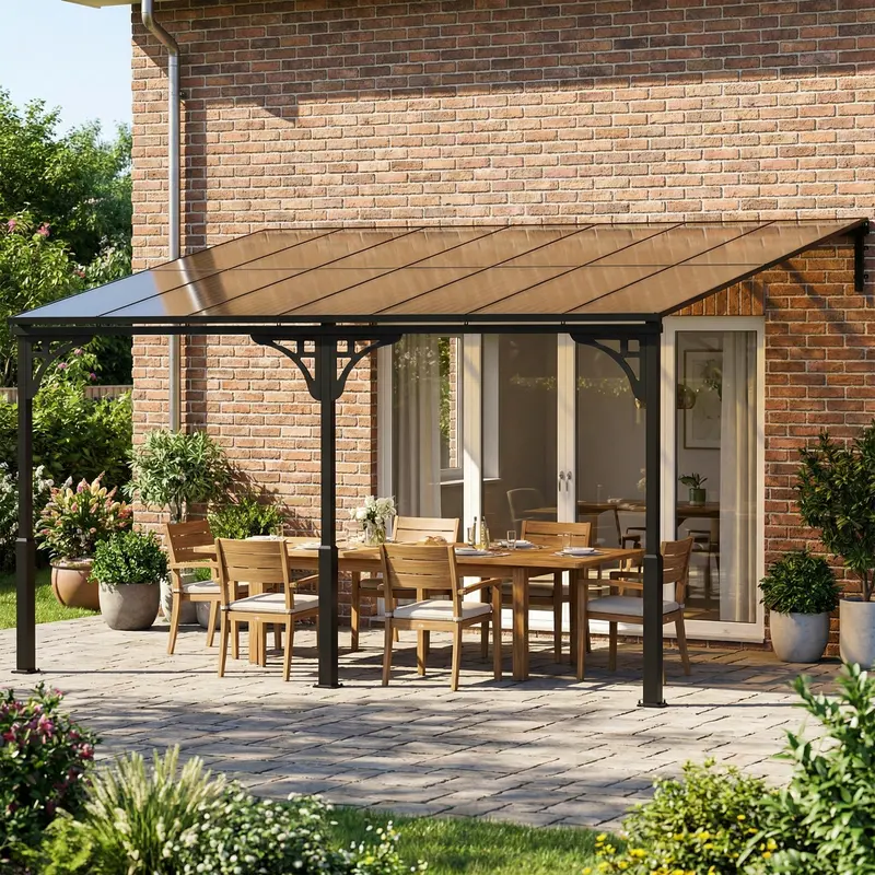 13' X 10' Lean-To Gazebo With Polycarbonate Roof, Brown 2
