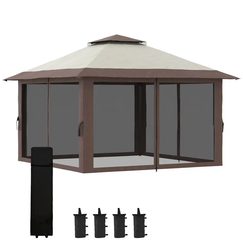 13' X 13' Pop Up Canopy With Mesh Sidewalls, Water/Sand Bag And Wheeled Carry Bag, Beige 1