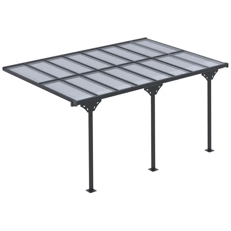 14' X 10' Outdoor Lean To Hardtop Pergola With Polycarbonate Roof & Adjustable Height, Grey 1