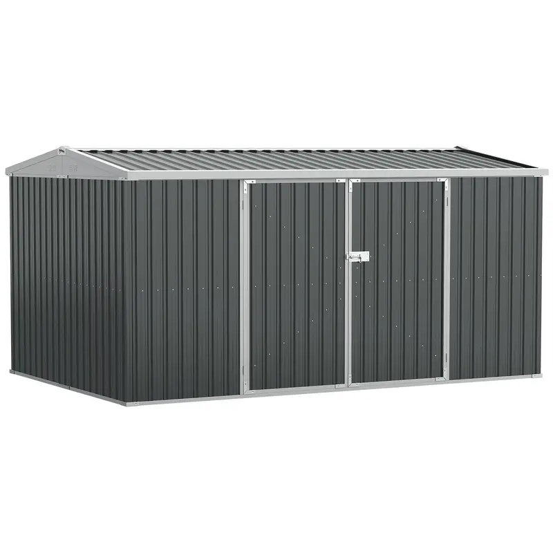 14' X 8' Outdoor Storage Shed, Galvanized Steel Garden Shed With Lockable Doors, Air Vents And Gloves, Waterproof Tool Shed For Backyard, Patio And Lawn, Grey 1