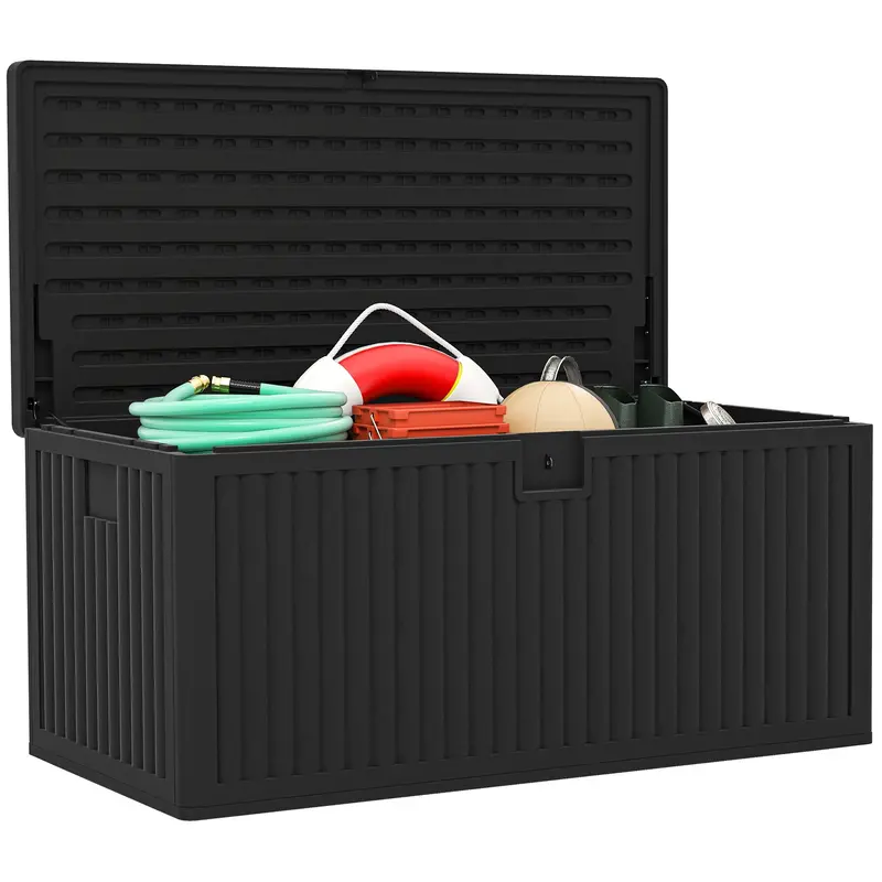 140 Gallon Black Resin Deck Box With Gas Struts, Waterproof & Uv Resistant, Black 1