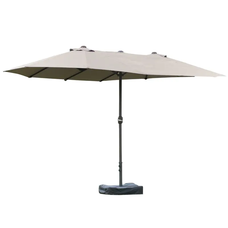 15' Outdoor Patio Umbrella With Twin Canopy, Lift Crank And Sandbag, Light Grey 1