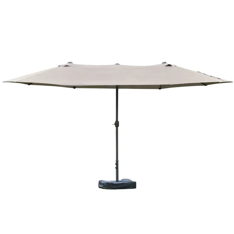 15' Outdoor Patio Umbrella With Twin Canopy, Lift Crank And Sandbag, Light Grey 2