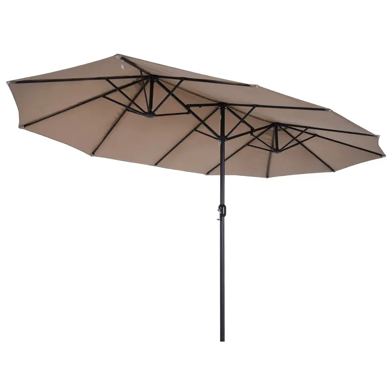 15' Twin Canopy Patio Umbrella With Crank, Air Vents, Tan 2