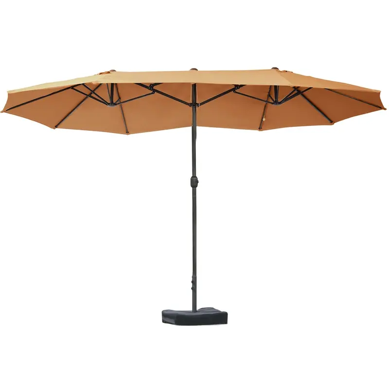 15' Twin Canopy Patio Umbrella With Crank & Cross Base, Brown 1