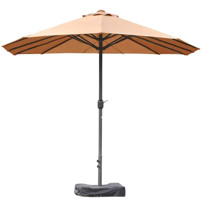 15' Twin Canopy Patio Umbrella With Crank & Cross Base, Brown 2