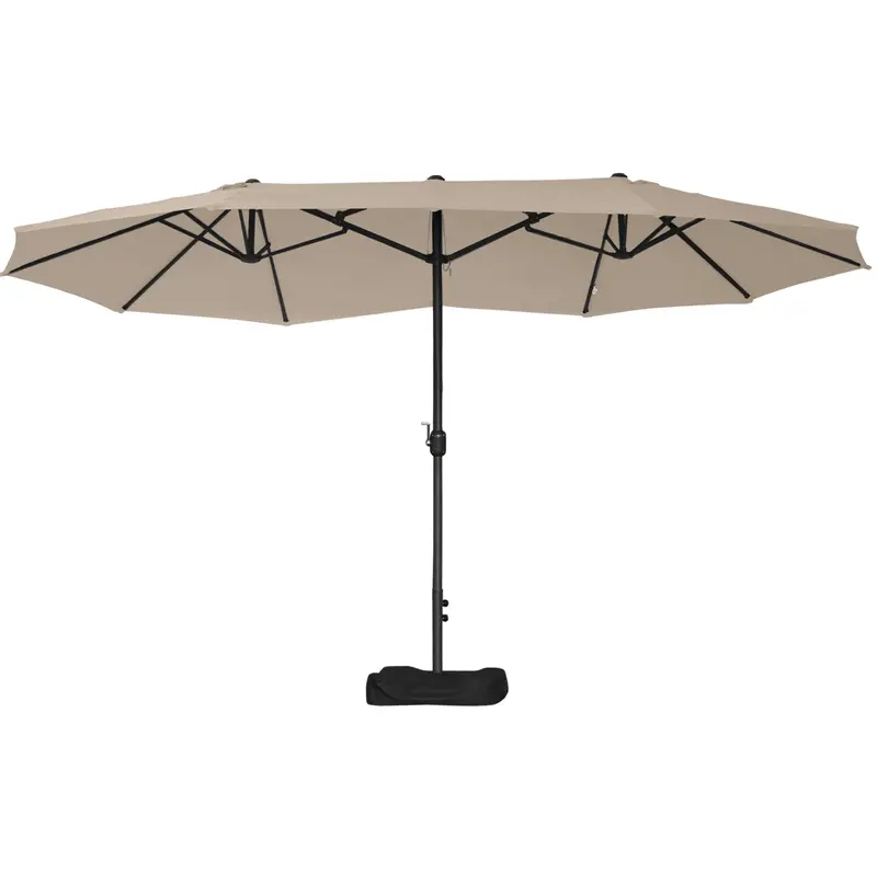 15' Twin Canopy Patio Umbrella With Crank & Cross Base, Khaki 1