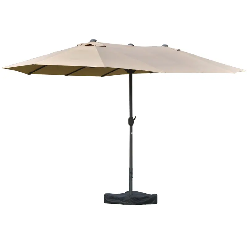 15' Twin Canopy Patio Umbrella With Crank & Cross Base, Khaki 2