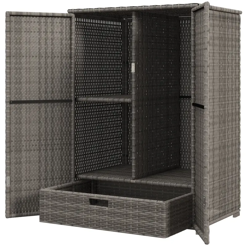 2-Door Rattan Wicker Outdoor Storage Cabinet With Drawer & Removable Shelf, Dark Grey 2