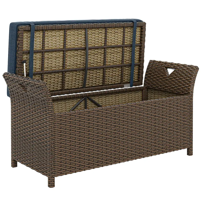 2-In-1 Patio Wicker Storage Bench, 29 Gallon With Cushion, Navy Blue 1