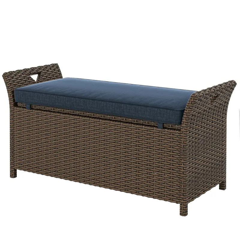 2-In-1 Patio Wicker Storage Bench, 29 Gallon With Cushion, Navy Blue 2