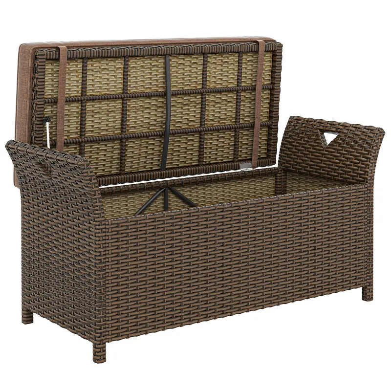 2-In-1 Patio Wicker Storage Bench, 29 Gallon With Cushion, Tan 1