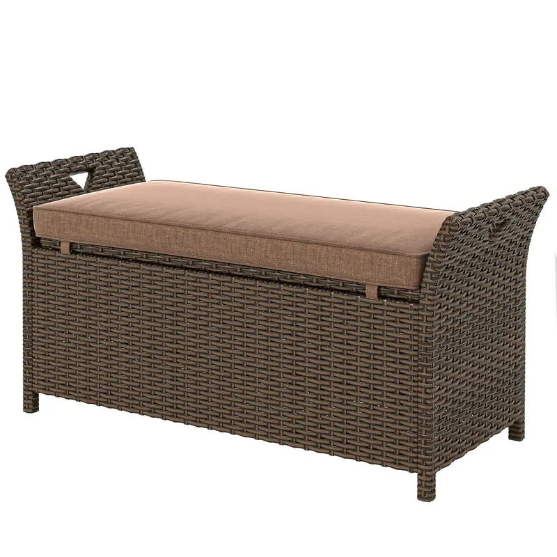 2-In-1 Patio Wicker Storage Bench, 29 Gallon With Cushion, Tan 2