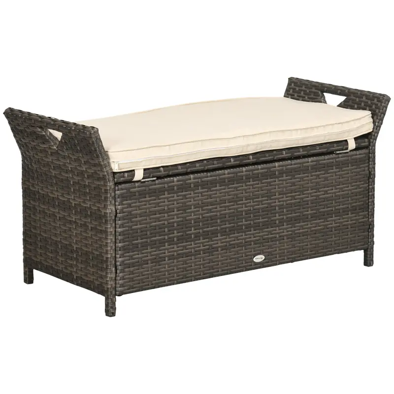 2-In-1 Pe Rattan Storage Bench, 29 Gallon Wicker Basket Box W/ Handles & Cushion, Cream 1