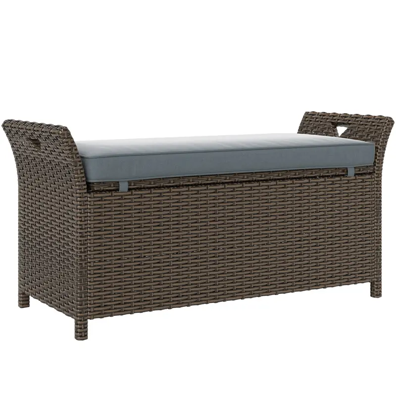 2-In-1 Pe Rattan Storage Bench, 29 Gallon Wicker Basket Box W/ Handles & Cushion, Dark Grey 1