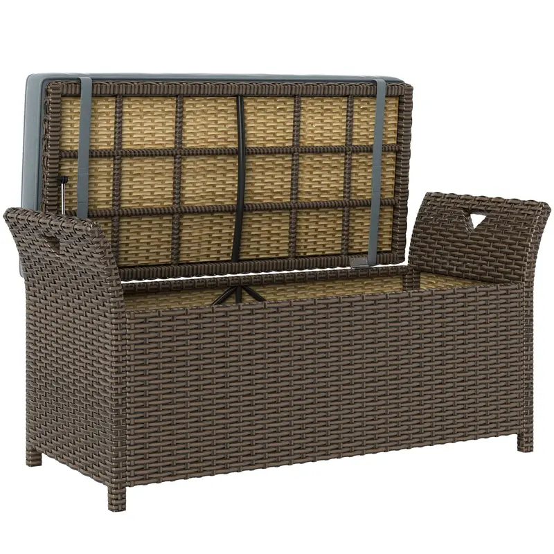 2-In-1 Pe Rattan Storage Bench, 29 Gallon Wicker Basket Box W/ Handles & Cushion, Dark Grey 2