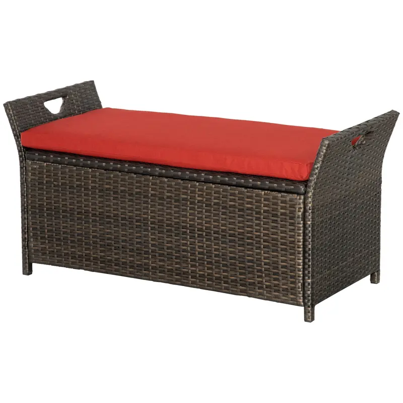 2-In-1 Pe Rattan Storage Bench, 29 Gallon Wicker Basket Box W/ Handles & Cushion, Red 1
