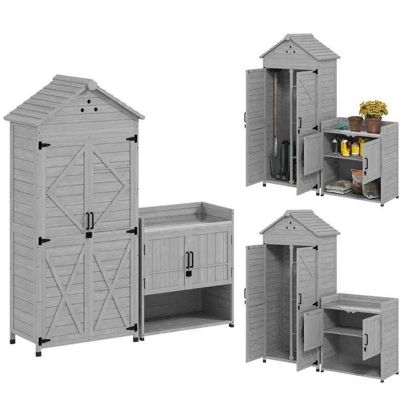 2 In 1 Wood Outdoor Storage Cabinet With Shelves & Latch Doors, Light Grey 1