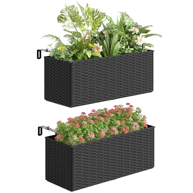2 Pack 20" Railing Planter Boxes With Hooks And Drainage, Black 1